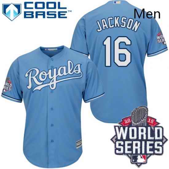 Mens Majestic Kansas City Royals 16 Bo Jackson Replica Light Blue Alternate 1 Cool Base 2015 World Series Patch MLB Jersey